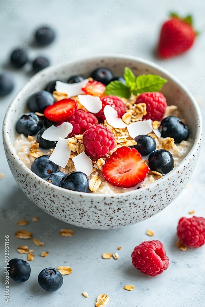 Healthy and Delicious Breakfast Bowl with Oatmeal, Berries, and Coconut Flakes.