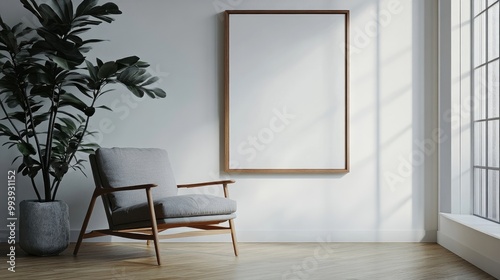 Wooden chair and gray sofa near white wall with big mock up poster frame on white wall Scandinavian interior design of modern living room