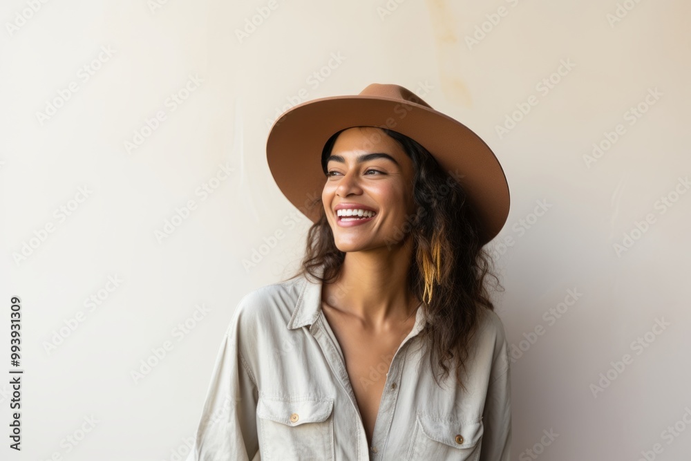 Portrait of a joyful indian woman in her 20s wearing a rugged cowboy hat isolated on minimalist or empty room background Portrait of a joyful indian woman in her 20s wearing a rugged cowboy hat isolated on minimalist or empty room background