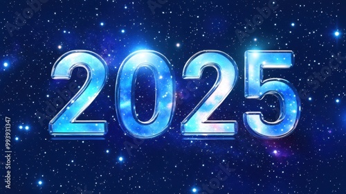 Glowing 2025 Numerals Against Starry Space Background