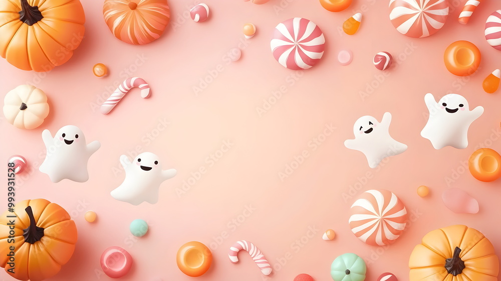 Happy Halloween card in pastel tones, featuring cute cartoon characters: friendly mummies, colorful bats, and chubby ghosts. The characters are placed in the corners to leave an open area for text Happy Halloween card in pastel tones, featuring cute cartoon characters: friendly mummies, colorful bats, and chubby ghosts. The characters are placed in the corners to leave an open area for text
