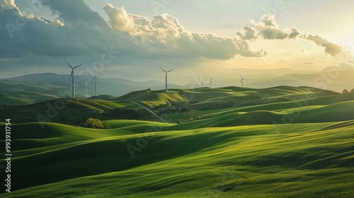 Scenic green rolling hills with wind turbines silhouetted at sunset photo