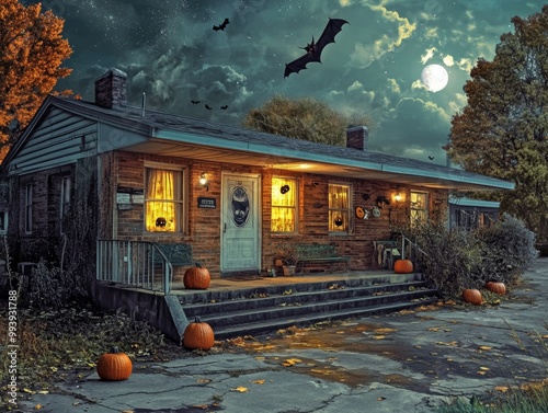 Haunted American motel on Halloween night eerie lights in the windows