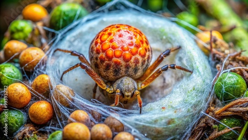 Close-Up View of Spider Egg Sac with Detailed Texture and Coloration in Natural Habitat Environment photo