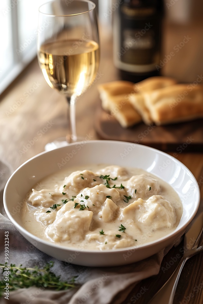 Creamy Chicken and Dumplings with a Glass of White Wine. Creamy Chicken and Dumplings with a Glass of White Wine.