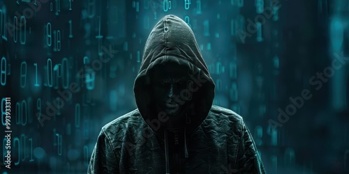 Wallpaper Mural Hacker with hoodie standing in front of neon city lights, digital rain. Free copy space for text. Torontodigital.ca