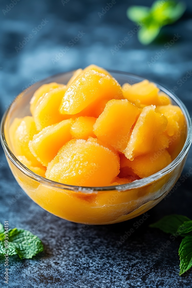 Close-up of a bowl of freshly made mango sorbet. Close-up of a bowl of freshly made mango sorbet.