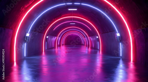3D Neon Tunnel with Pink and Blue Lights Abstract Background
