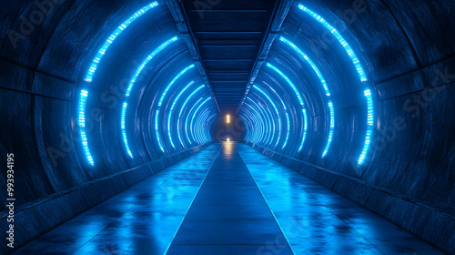 Blue Neon Lights Tunnel - 3D Illustration