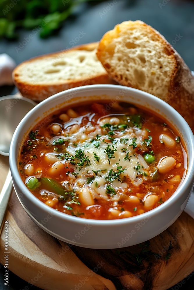 Hearty White Bean Soup with Fresh Parsley and Bread.