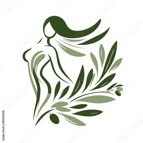 Silhouette of dancing figure emerging from an olive branch with olives, colored vector, minimalist art style, woman's health and beauty, transparent background