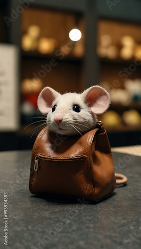 Toy exhibition in Vienna, featuring plush mice on a leather bag. photo