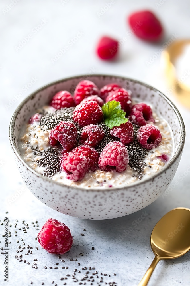 Close-up of a bowl of oatmeal with raspberries and chia seeds. Close-up of a bowl of oatmeal with raspberries and chia seeds.