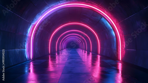 3D Neon Tunnel with Purple and Blue Lights
