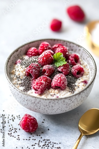 Close-up of a bowl of oatmeal with raspberries and chia seeds.