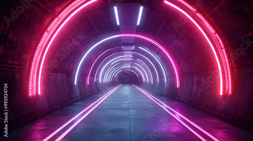 Futuristic Tunnel with Neon Lights 3D Illustration