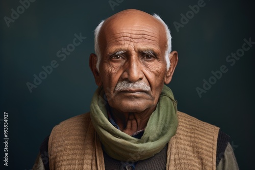 Portrait of a jovial indian elderly 100 years old man dressed in a water-resistant gilet while standing against minimalist or empty room background