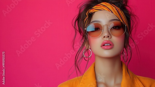 Stylish Young Woman with Sunglasses on Bright Background