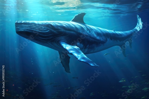 An isolated whale swimming near a deep blue underwater environment, the sunlight filtering through the water and casting soft reflections