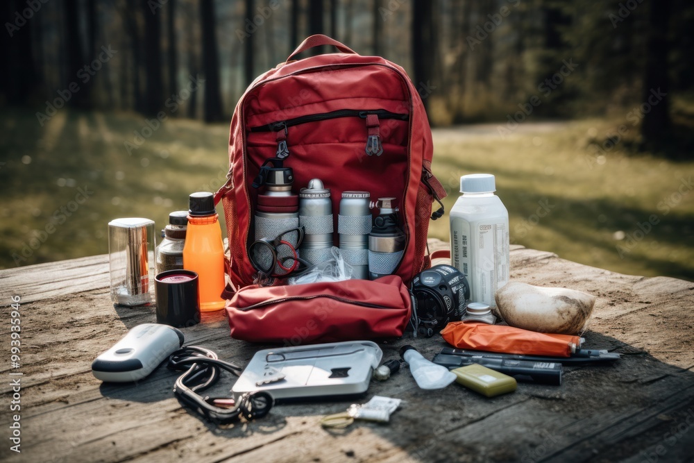 Fototapeta premium An open camping backpack displaying essential items such as a first aid kit, multi-tool, and water bottle, with the gear spread out on the ground