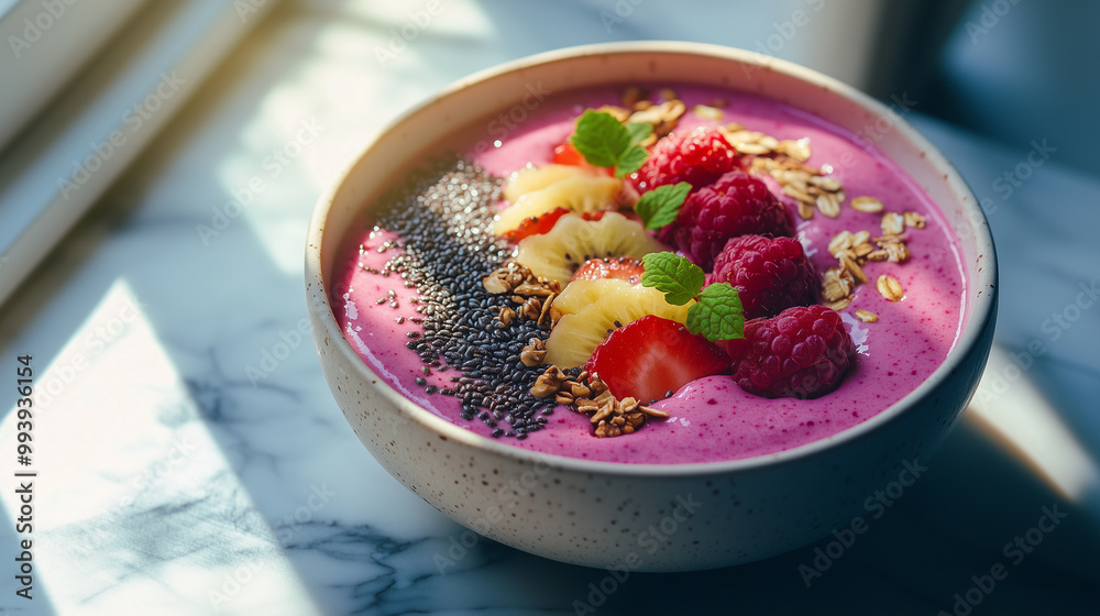 Vibrant Smoothie Bowl Topped with Fresh Fruits, Seeds, and Nuts on Marble Table, Sunlit Healthy Breakfast or Snack Scene Vibrant Smoothie Bowl Topped with Fresh Fruits, Seeds, and Nuts on Marble Table, Sunlit Healthy Breakfast or Snack Scene