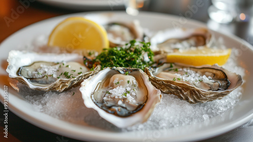 Fresh Oysters on the Half Shell: A delectable plate of six succulent oysters, artfully arranged with lemon wedges and fresh parsley, sits atop a bed of coarse salt on a pristine white plate.