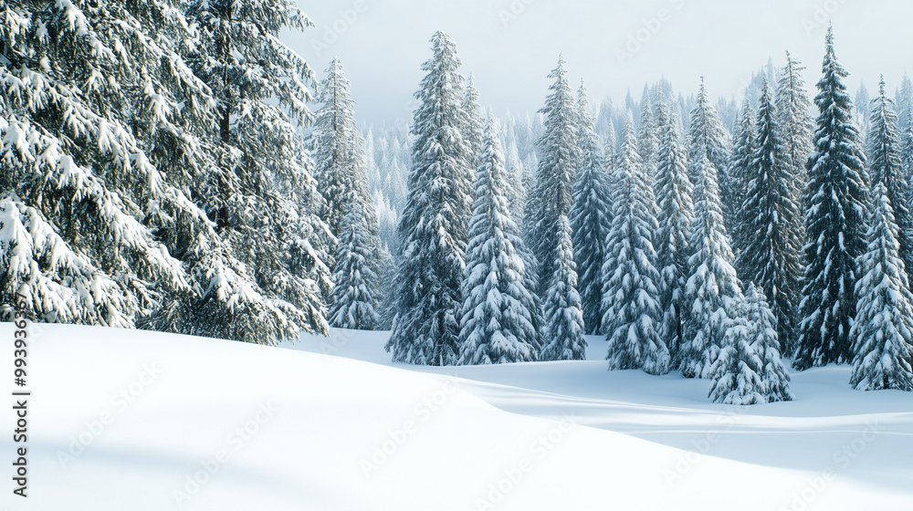 Obraz premium A tranquil winter forest with snow-covered trees under a soft blue sky.