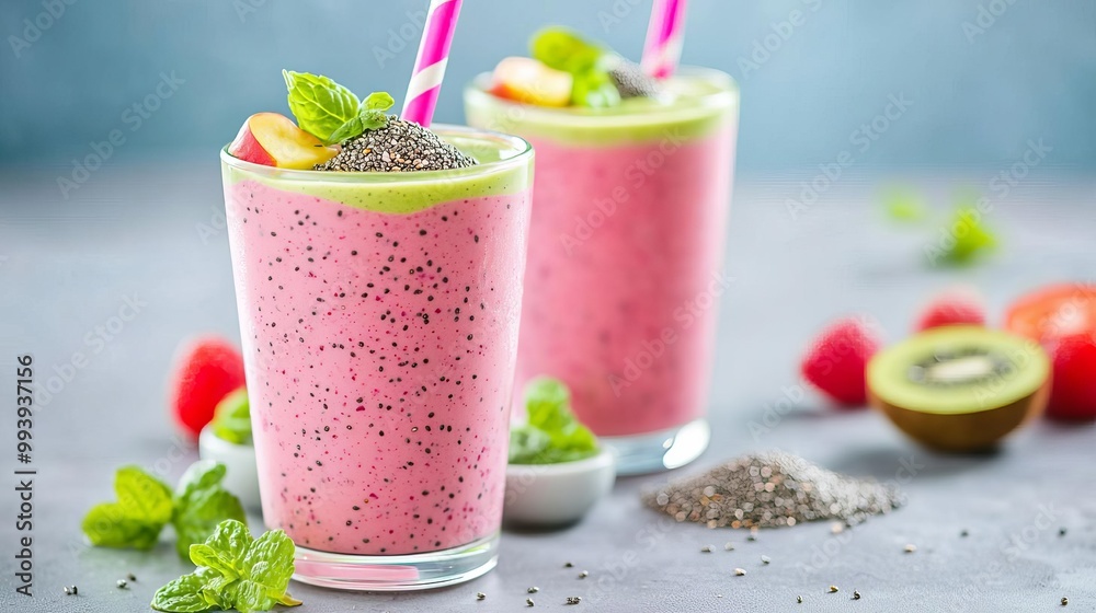 Colorful smoothie layered with global superfoods, acai, chia, and spirulina, diet fusion, vibrant health food Colorful smoothie layered with global superfoods, acai, chia, and spirulina, diet fusion, vibrant health food
