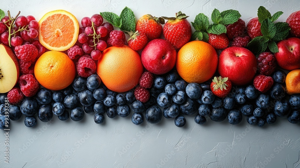 Fresh Fruit Assortment with Wide Copy Space for Invitations, Menus, and Advertisements Fresh Fruit Assortment with Wide Copy Space for Invitations, Menus, and Advertisements