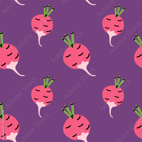 Colorful radish pattern on a purple background showcasing a playful design for culinary enjoyment
