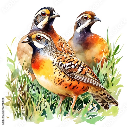 Watercolor Illustration of Three  Chinese Bamboo Partridges in the Grass. photo