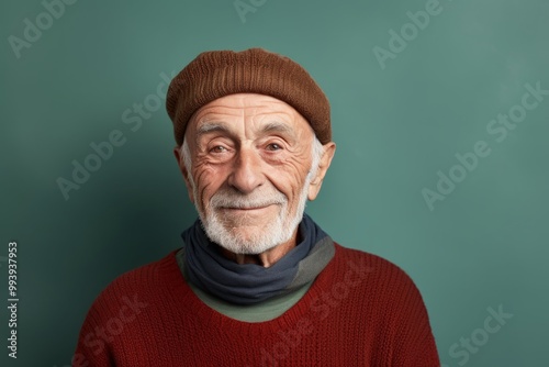 Portrait of a satisfied elderly man in his 90s donning a warm wool beanie isolated in minimalist or empty room background