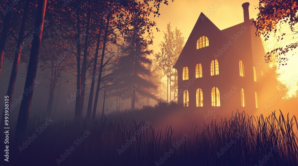 An eerie glow illuminates a mysterious house enveloped by a foggy forest at dusk