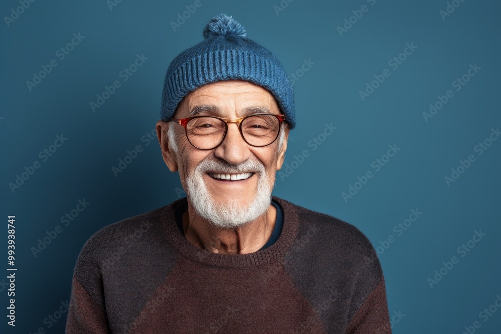 Portrait of a satisfied elderly man in his 90s donning a warm wool beanie on minimalist or empty room background Portrait of a satisfied elderly man in his 90s donning a warm wool beanie on minimalist or empty room background