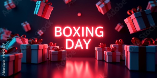 Boxing day celebration with floating gift boxes in neon light