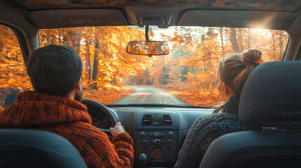 Autumn car trip. Young couple driving and chatting in a vintage vehicle on the road through the autumn forest. Back view. car fall road, sun, concept car travel. going on vacation trip using car