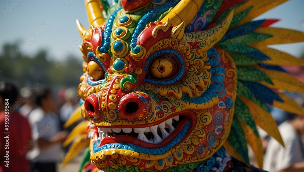 Vibrant dragon mask at a cultural festival. Vibrant dragon mask at a cultural festival.