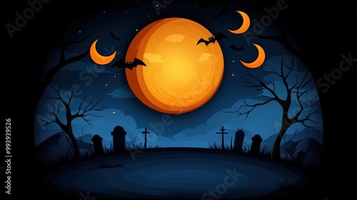 Spooky Halloween scene with a full moon, bats and silhouetted trees in the night. photo