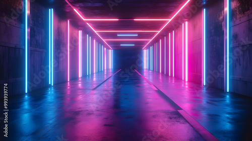 Neon Lights in a Dark Corridor 3D Illustration