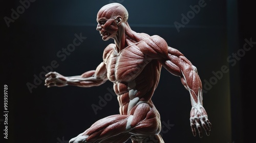 A muscular arm flexed, with detailed sinews and tendons visible under tight, translucent skin photo