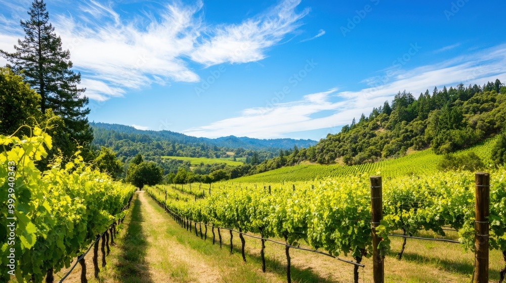Naklejka premium Lush vineyard landscape under a bright sky with rolling hills and vibrant greenery