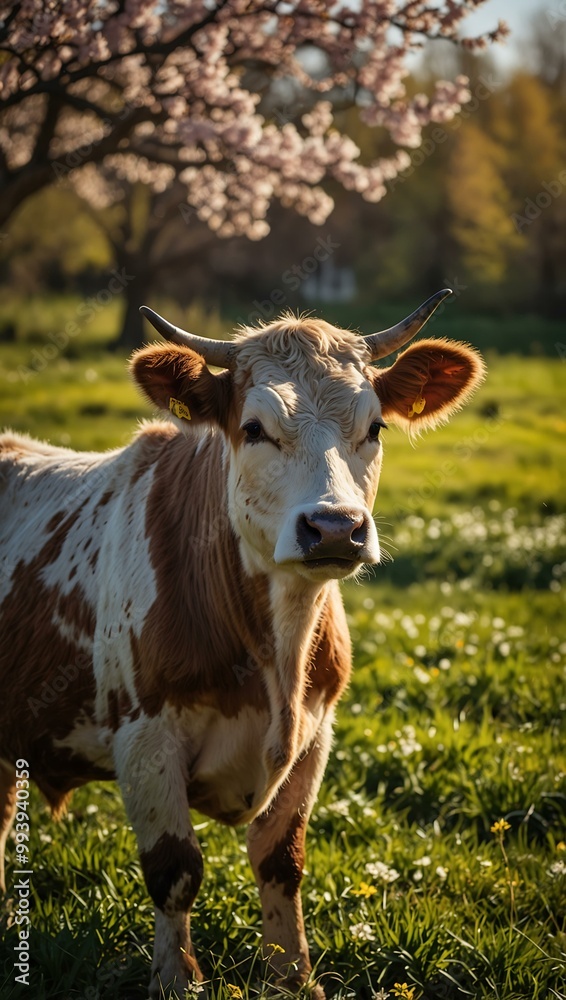 Vibrant spring blossoms surrounding a cow in a sunlit field. Vibrant spring blossoms surrounding a cow in a sunlit field.