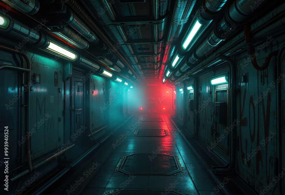 Fototapeta premium Futuristic Sci-Fi Corridor with Neon Lights and Fog
