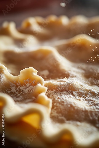 Close-up of pie crust dusted with flour.