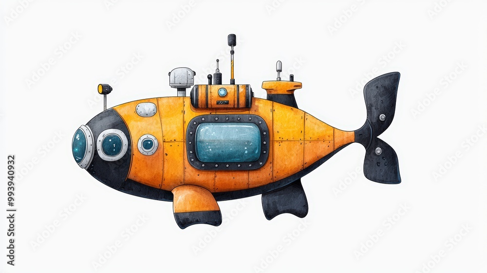 Submarine illustration, bright orange and black design, white isolated background. Submarine illustration, bright orange and black design, white isolated background.