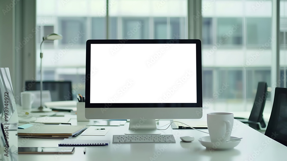 Sleek Modern Office with an LED Computer Screen Mockup Displaying a Transparent PNG Image for a Professional and Futuristic Look Sleek Modern Office with an LED Computer Screen Mockup Displaying a Transparent PNG Image for a Professional and Futuristic Look