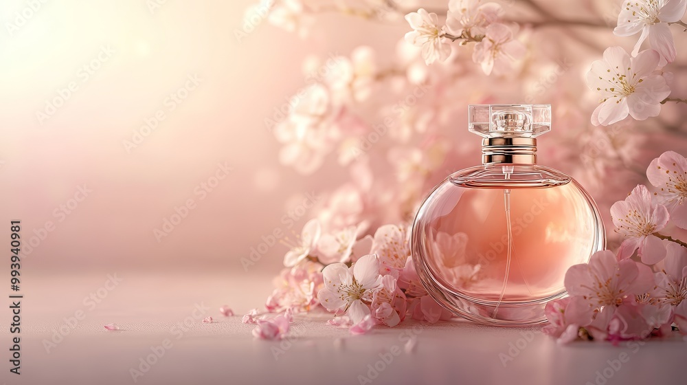 Elegant glass perfume bottle surrounded by delicate cherry blossoms, capturing the essence of springtime fragrances and beauty Elegant glass perfume bottle surrounded by delicate cherry blossoms, capturing the essence of springtime fragrances and beauty
