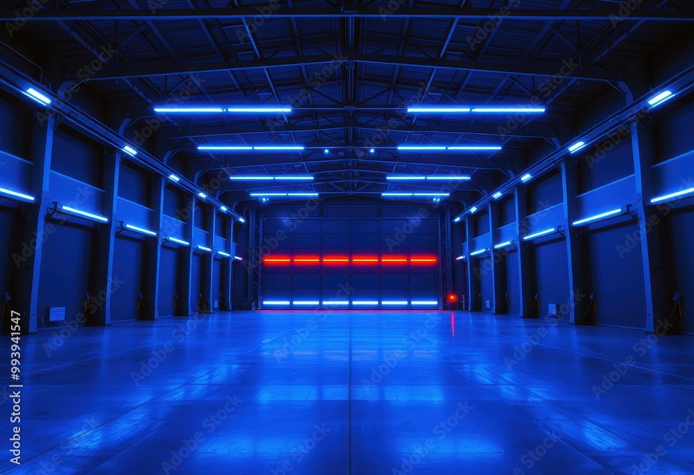 Blue and Red Neon Lights Illuminate a Garage with an Open Doorway Blue and Red Neon Lights Illuminate a Garage with an Open Doorway
