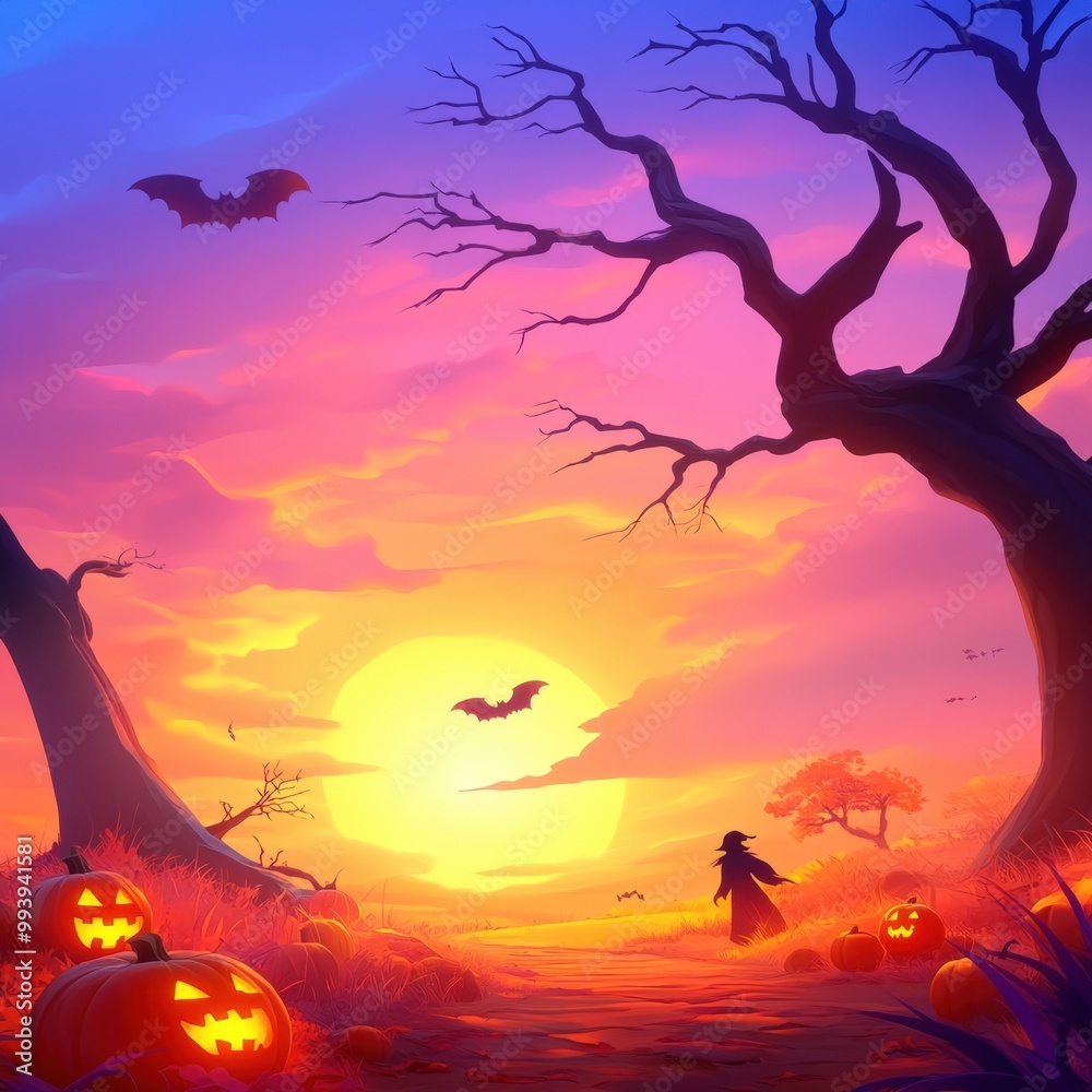 A witch strolls through a pumpkin patch at sunset, surrounded by bats and autumn trees A witch strolls through a pumpkin patch at sunset, surrounded by bats and autumn trees