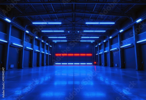 Blue and Red Neon Lights Illuminate a Garage with an Open Doorway